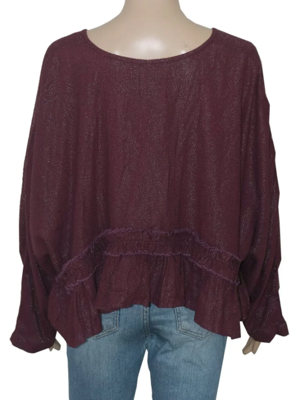 Free People Shimmy Shimmer Blouse Top Long Sleeve Button Plum Ruffle L